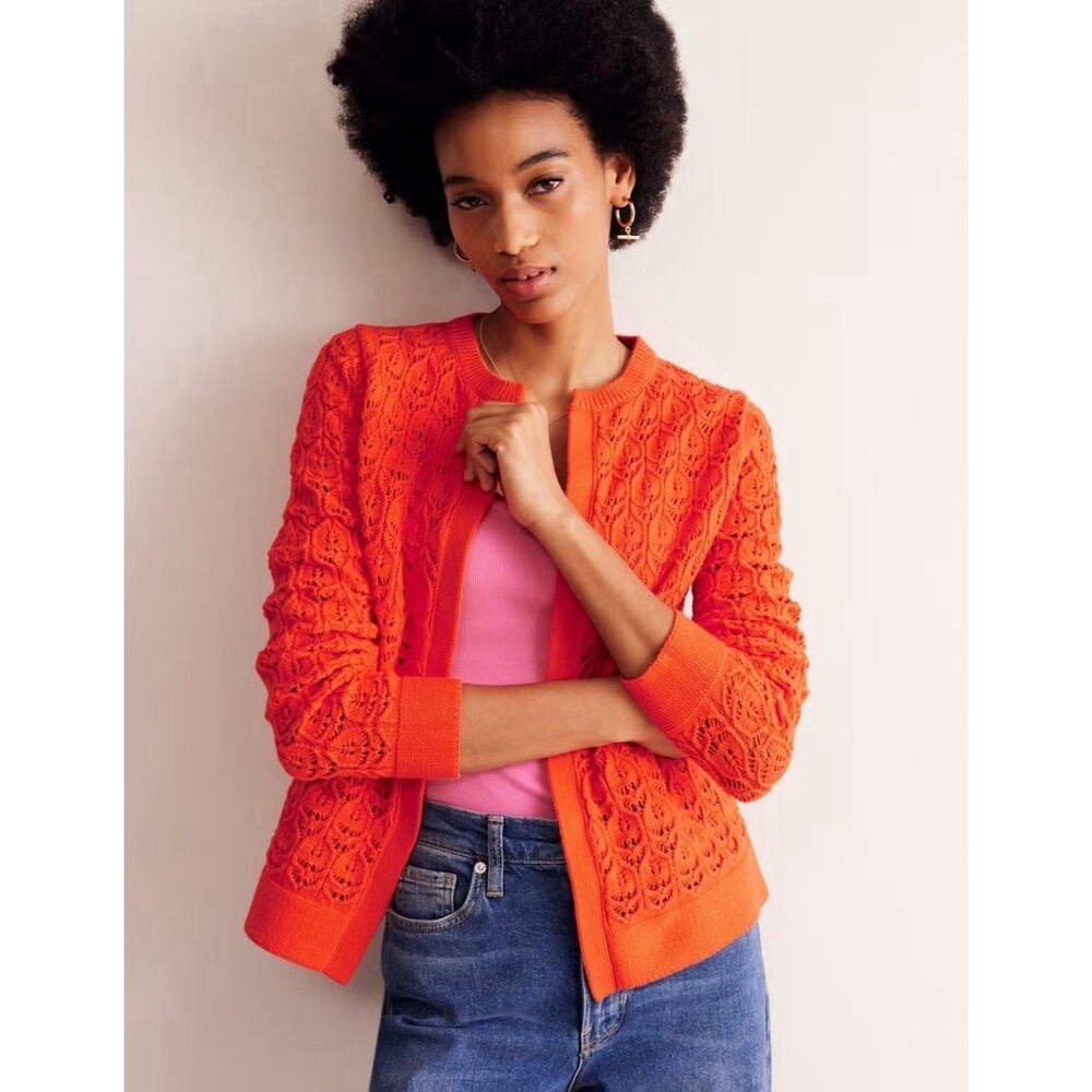 Boden Crochet Knit Cardigan Size L Orange Layering Elegant Sweater Fall Staples